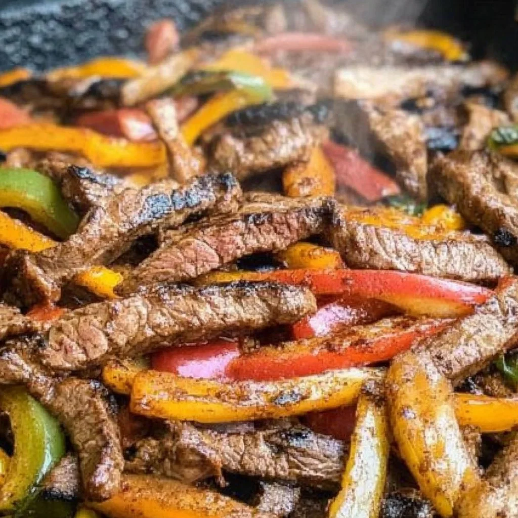 Delicious Blackstone steak fajitas served with peppers and onions