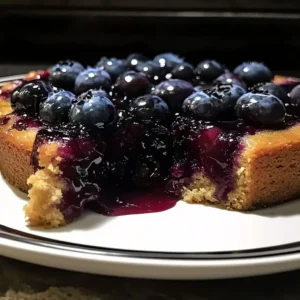 Blueberry caramel upside down cake with fresh blueberries and caramel drizzle