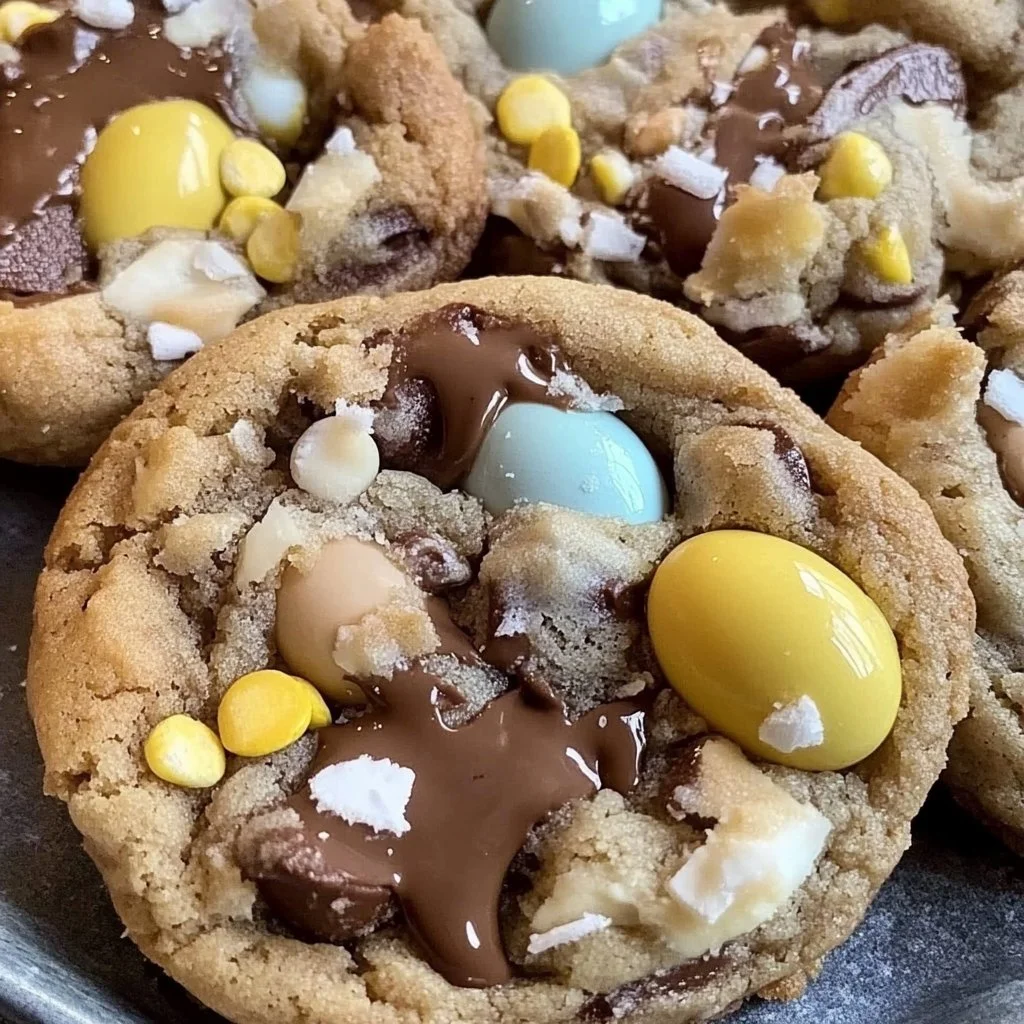 Delicious Brown Butter Cadbury Egg Cookies on a rustic wooden surface.