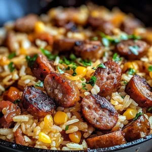 Cajun Sausage and Rice skillet meal with colorful vegetables and spices