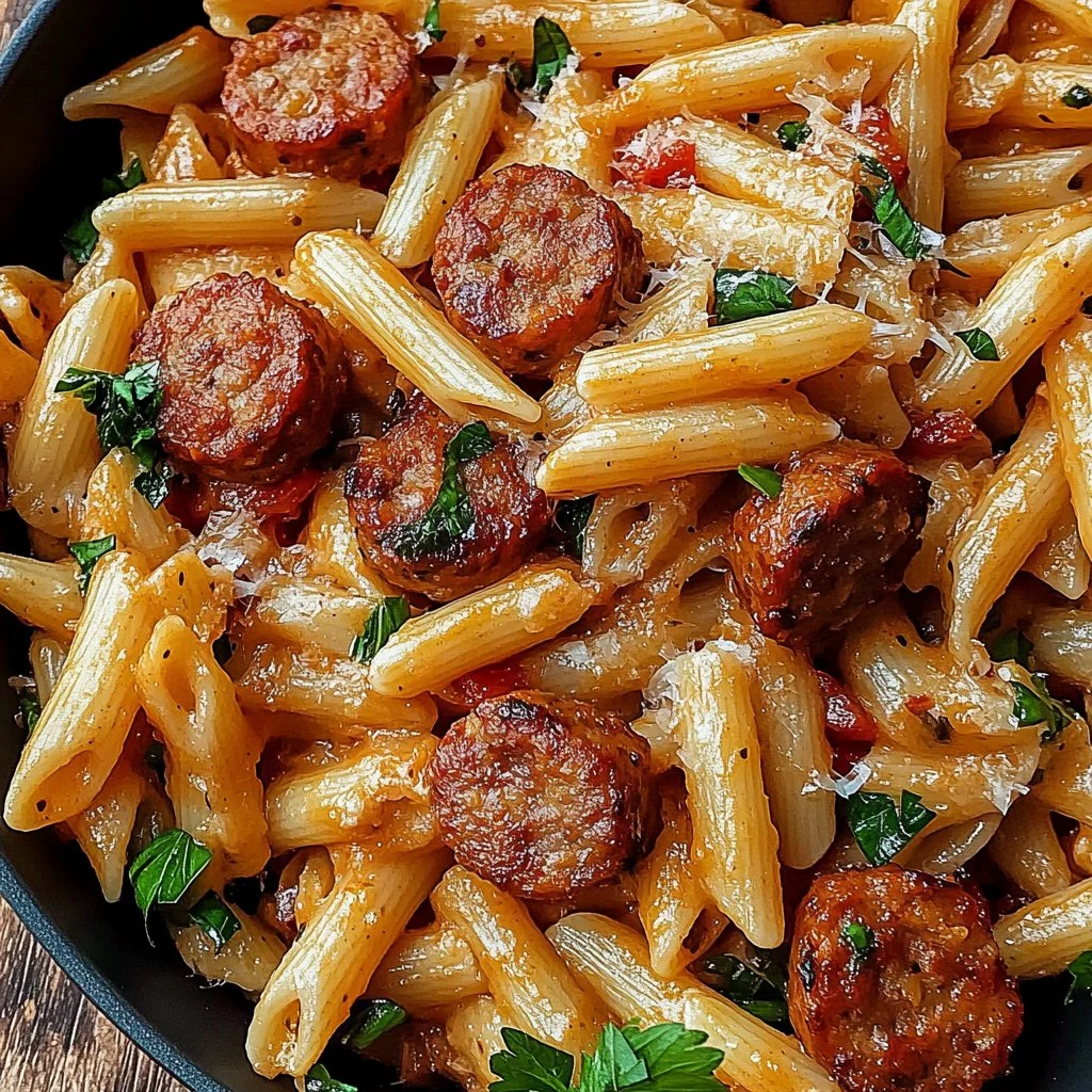 Delicious Cajun Sausage Pasta with vibrant seasonings and ingredients.