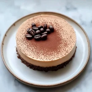 Delicious Cappuccino Mousse Cheesecake garnished with coffee beans and cocoa powder.