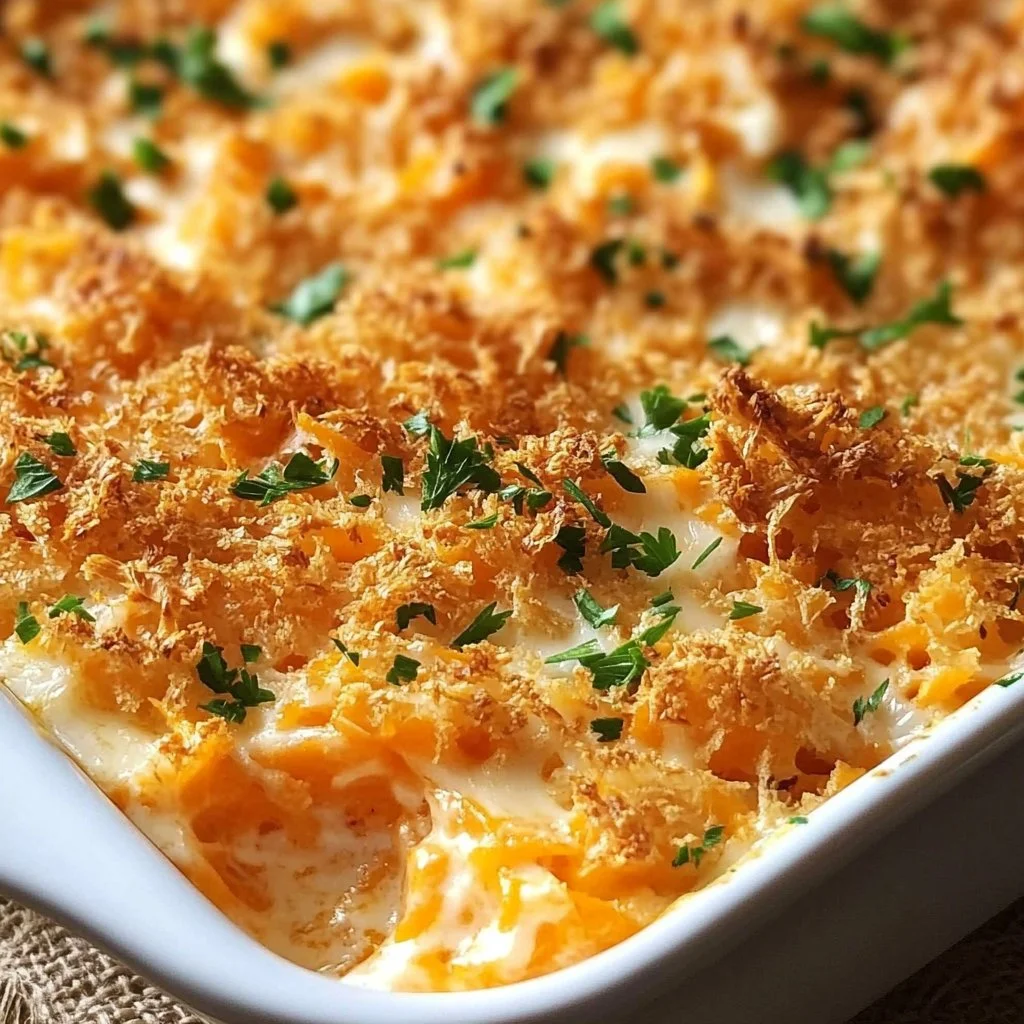 Delicious cheesy carrot casserole baked in a dish, topped with golden cheese.