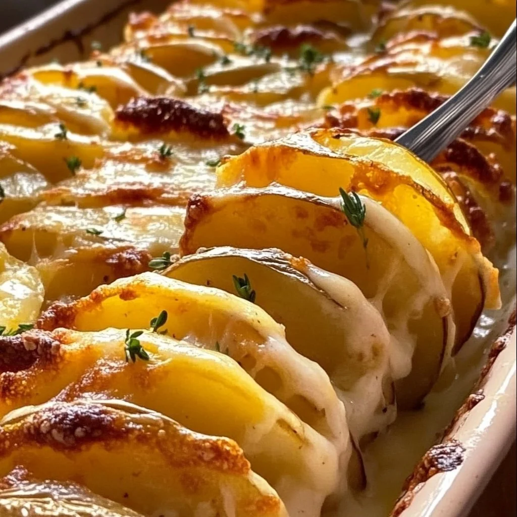 Cheesy easy scalloped potatoes topped with melted cheese and herbs.