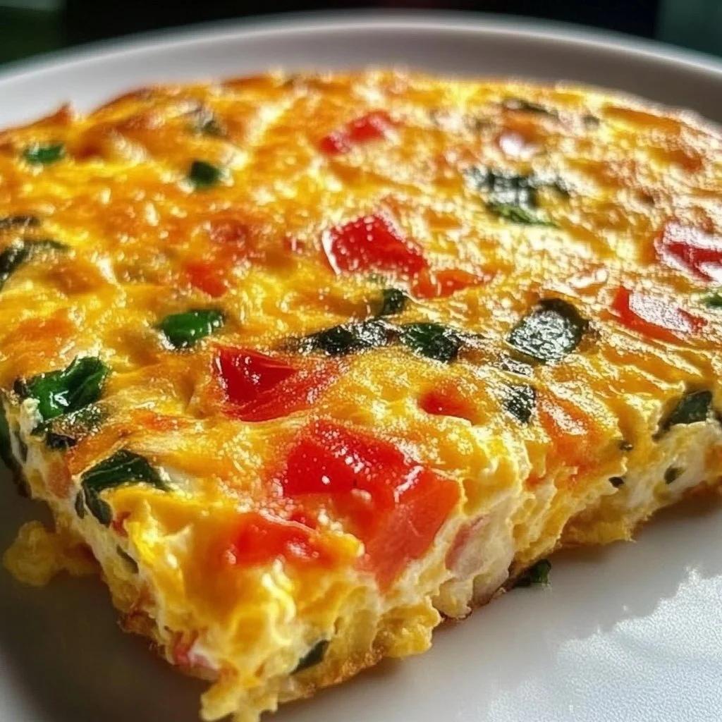 Delicious cheesy frittata served on a plate, perfect for breakfast or brunch.