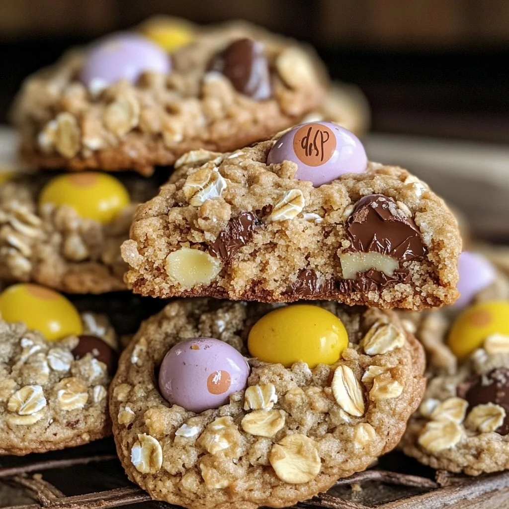 Chewy Cadbury Egg oatmeal chocolate chip Easter cookies on a festive plate.