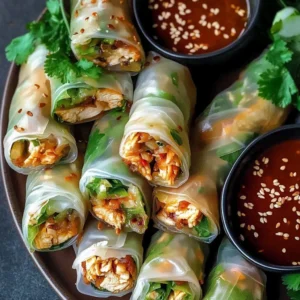 Plate of chicken spring rolls with dipping sauce on a wooden table