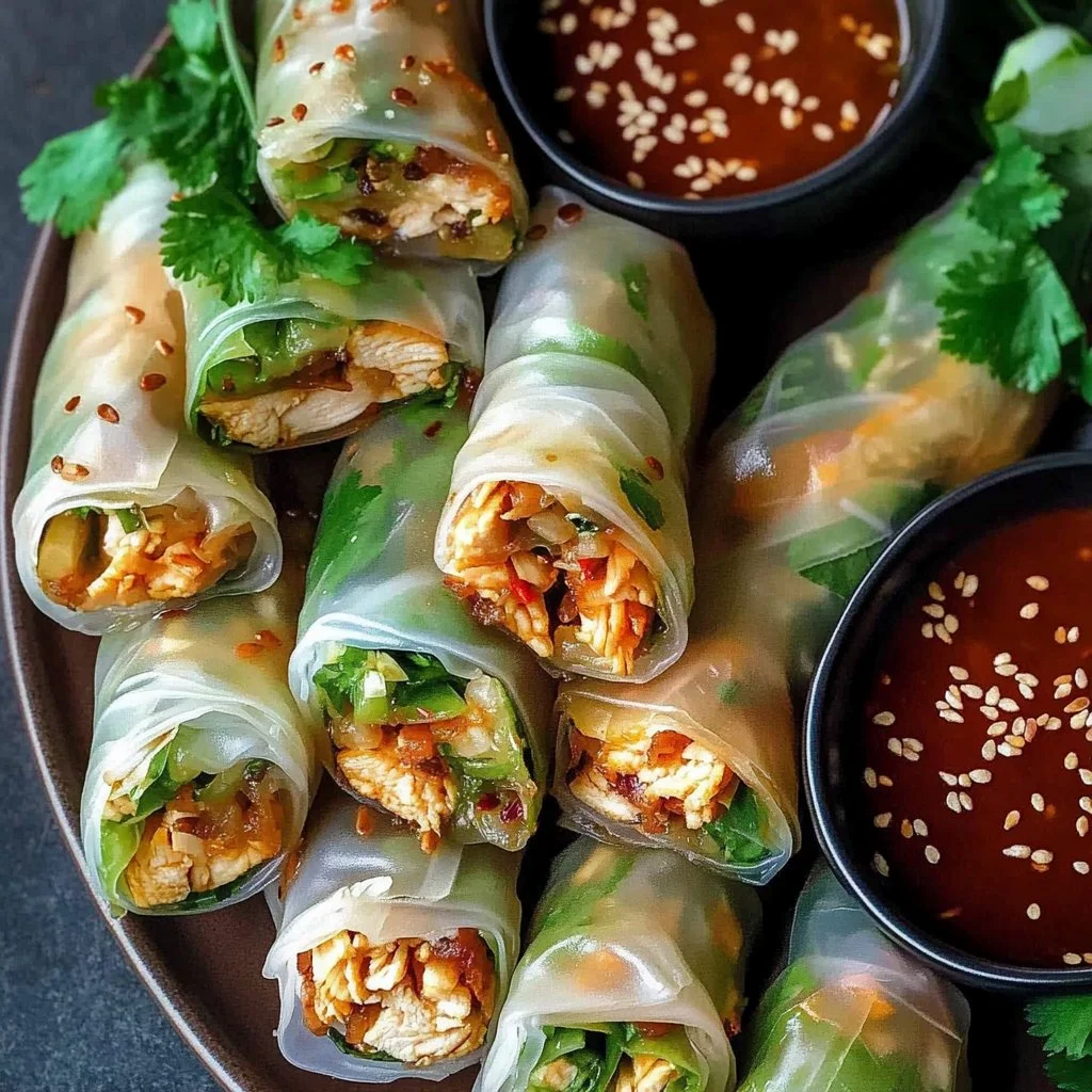 Plate of chicken spring rolls with dipping sauce on a wooden table