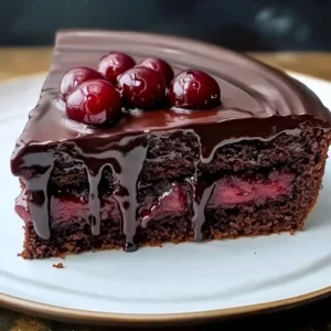 Chocolate cake topped with cherry pie filling, a perfect dessert for celebrations.