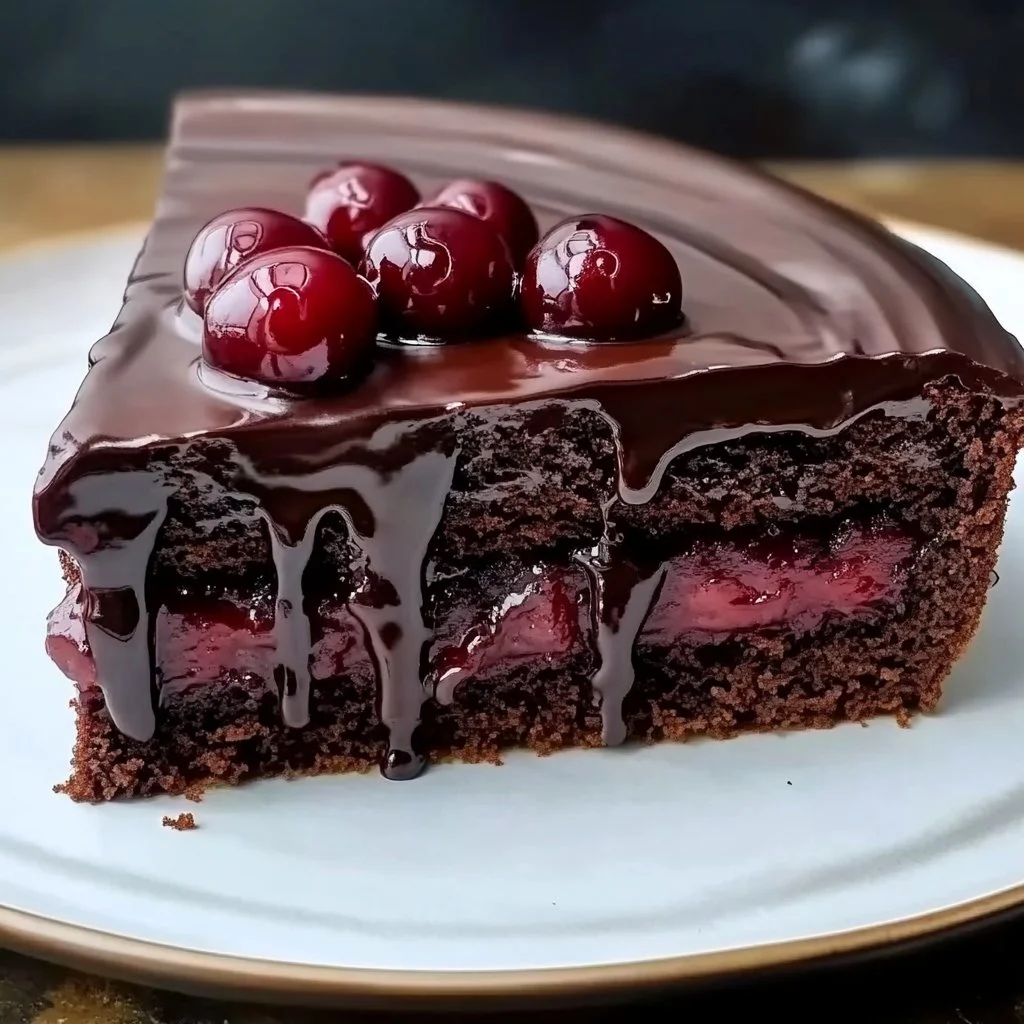 Chocolate cake topped with cherry pie filling, a perfect dessert for celebrations.