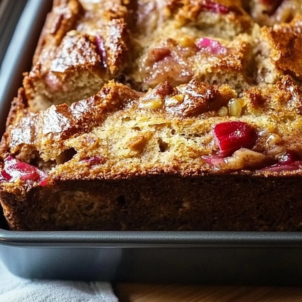 Deliciously baked Cinnamon Rhubarb Bread with a golden crust and spice aroma