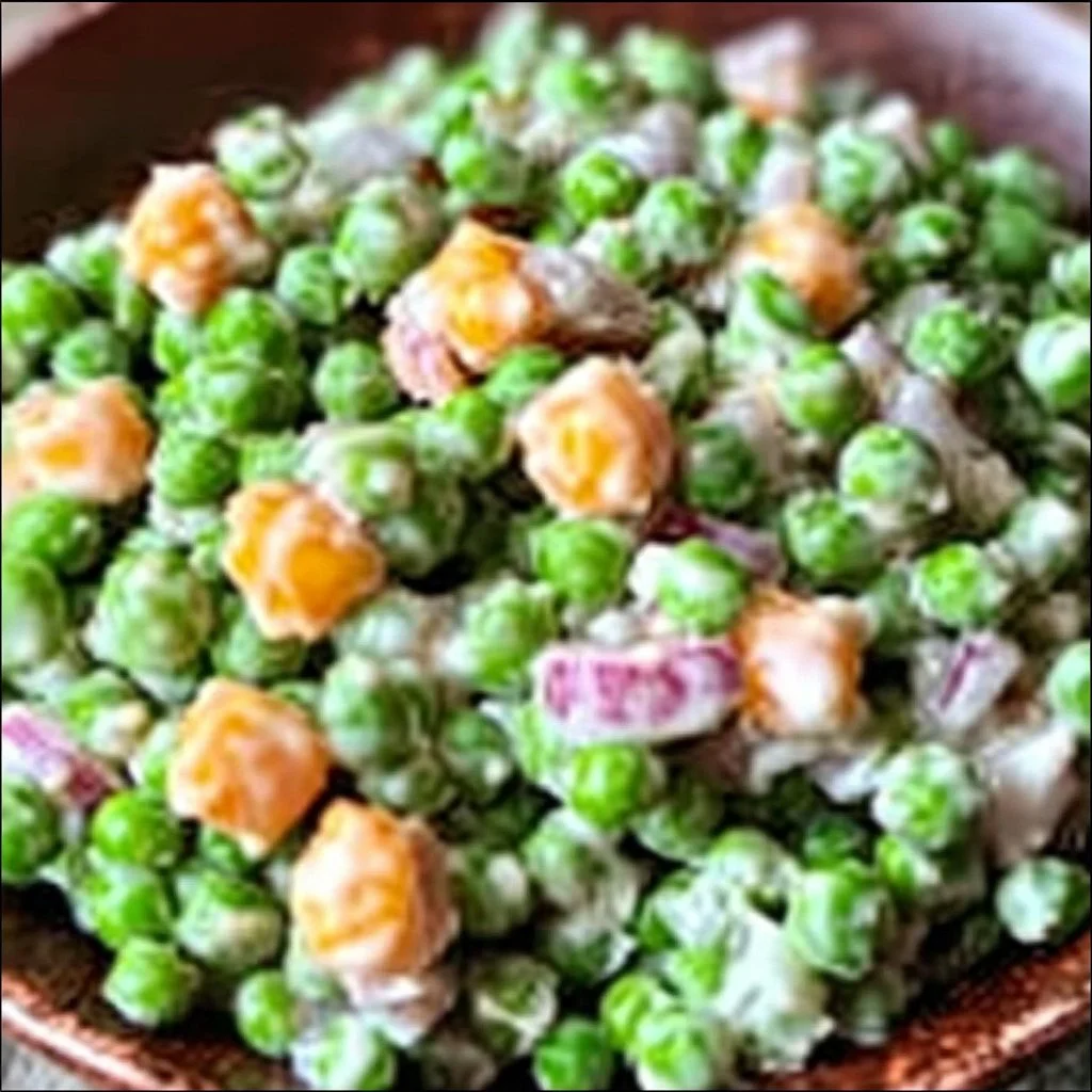 Bowl of classic pea salad featuring fresh peas, cheese, and dressing.