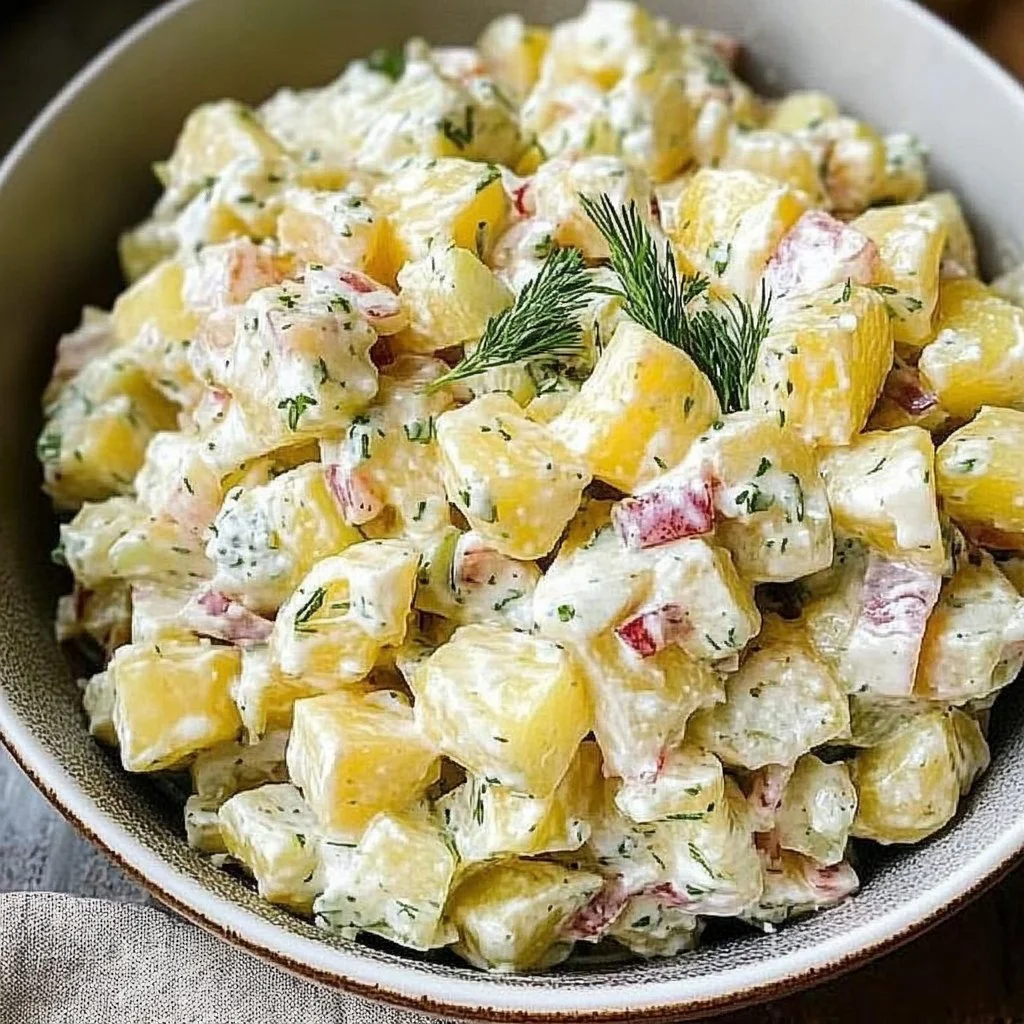 Delicious classic potato salad served in a bowl, garnished with herbs.