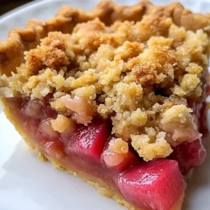 Classic rhubarb crumble pie with a golden crumble topping and fresh rhubarb filling