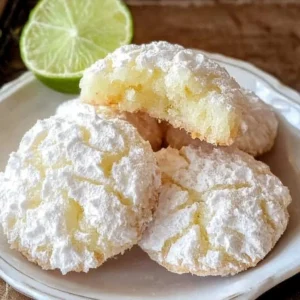 Coconut Key Lime Crinkle Cookies with powdered sugar on a plate