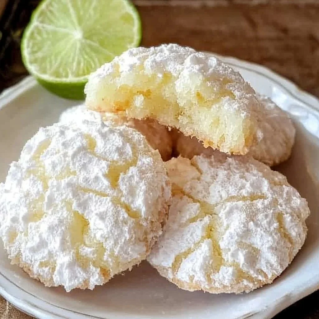 Coconut Key Lime Crinkle Cookies with powdered sugar on a plate