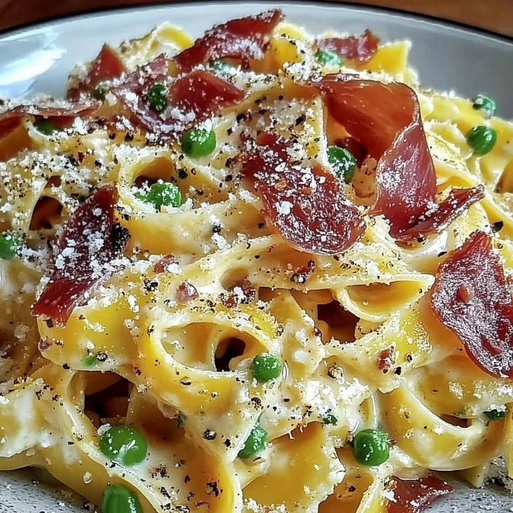 Creamy prosciutto pasta dish garnished with herbs and cheese