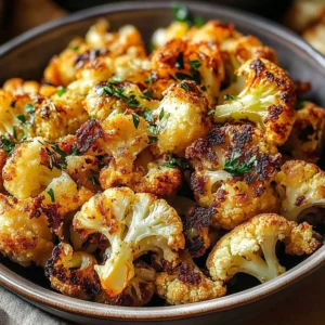 Crispy oven roasted cauliflower served on a plate, garnished with herbs.