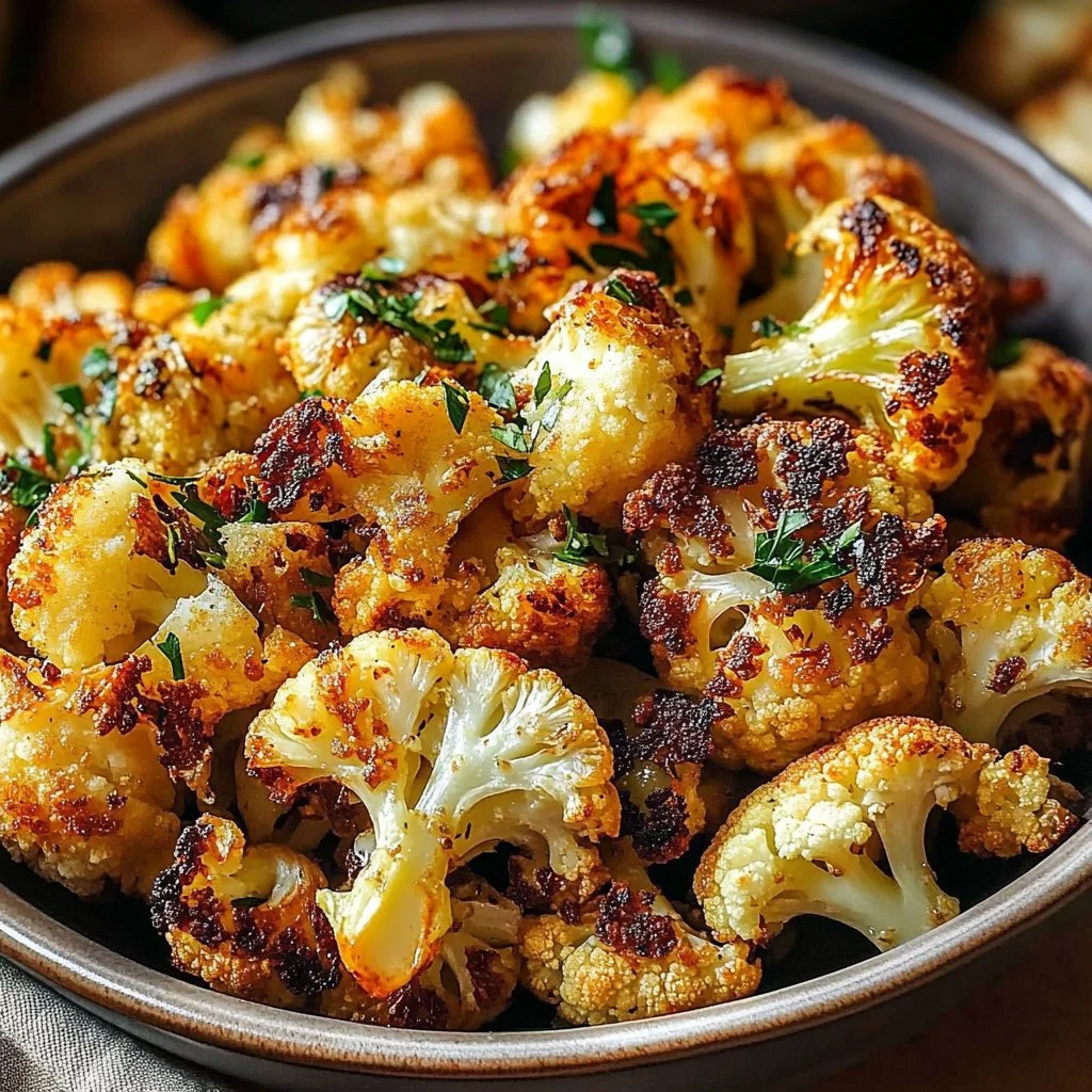Crispy oven roasted cauliflower served on a plate, garnished with herbs.