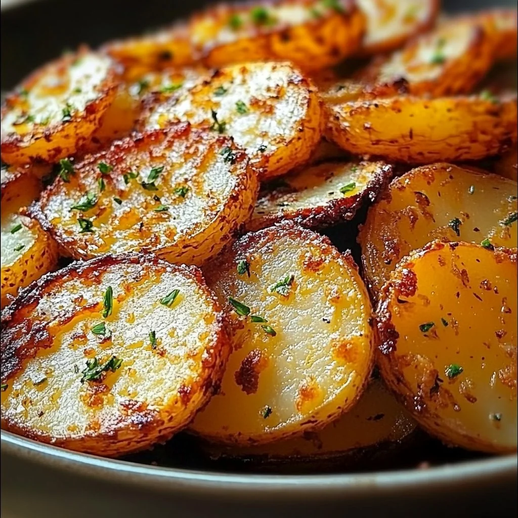 Golden crispy sliced potatoes baked to perfection in the oven.