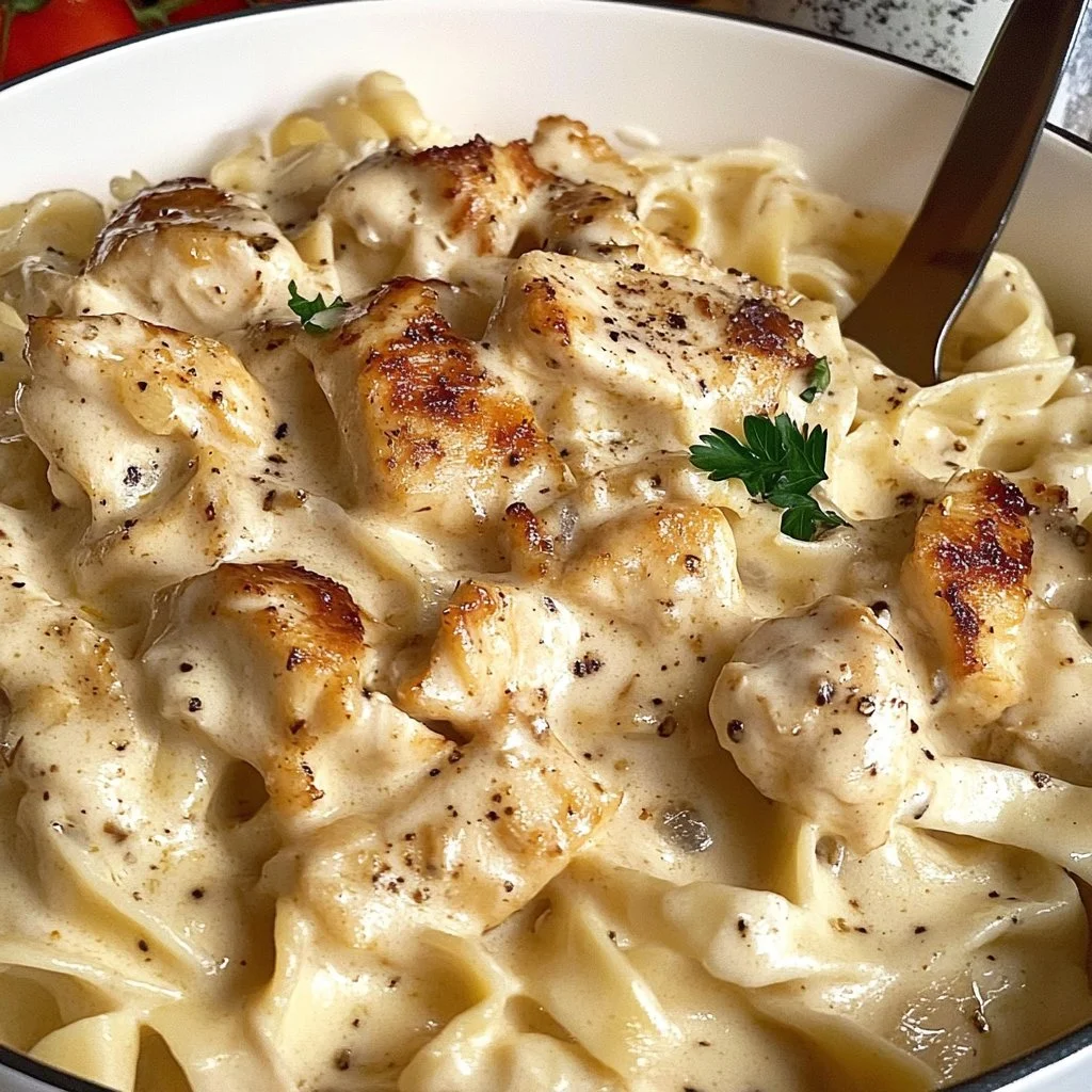 A bowl of Dairy Free Chicken Alfredo with a sprinkle of parsley on top.