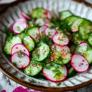 Dewy Dill Delight Radish and Cucumber Salad in a bowl garnished with dill