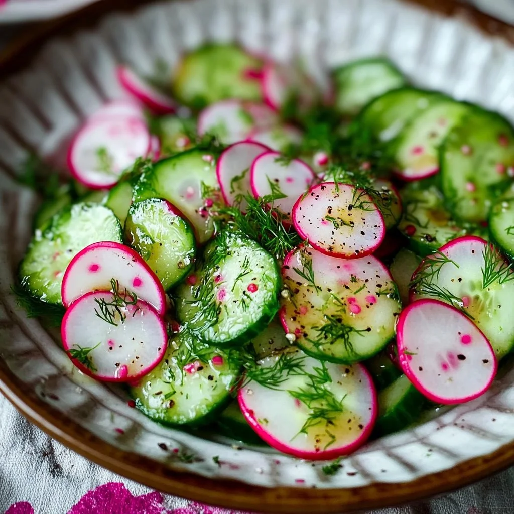 Dewy Dill Delight Radish and Cucumber Salad in a bowl garnished with dill