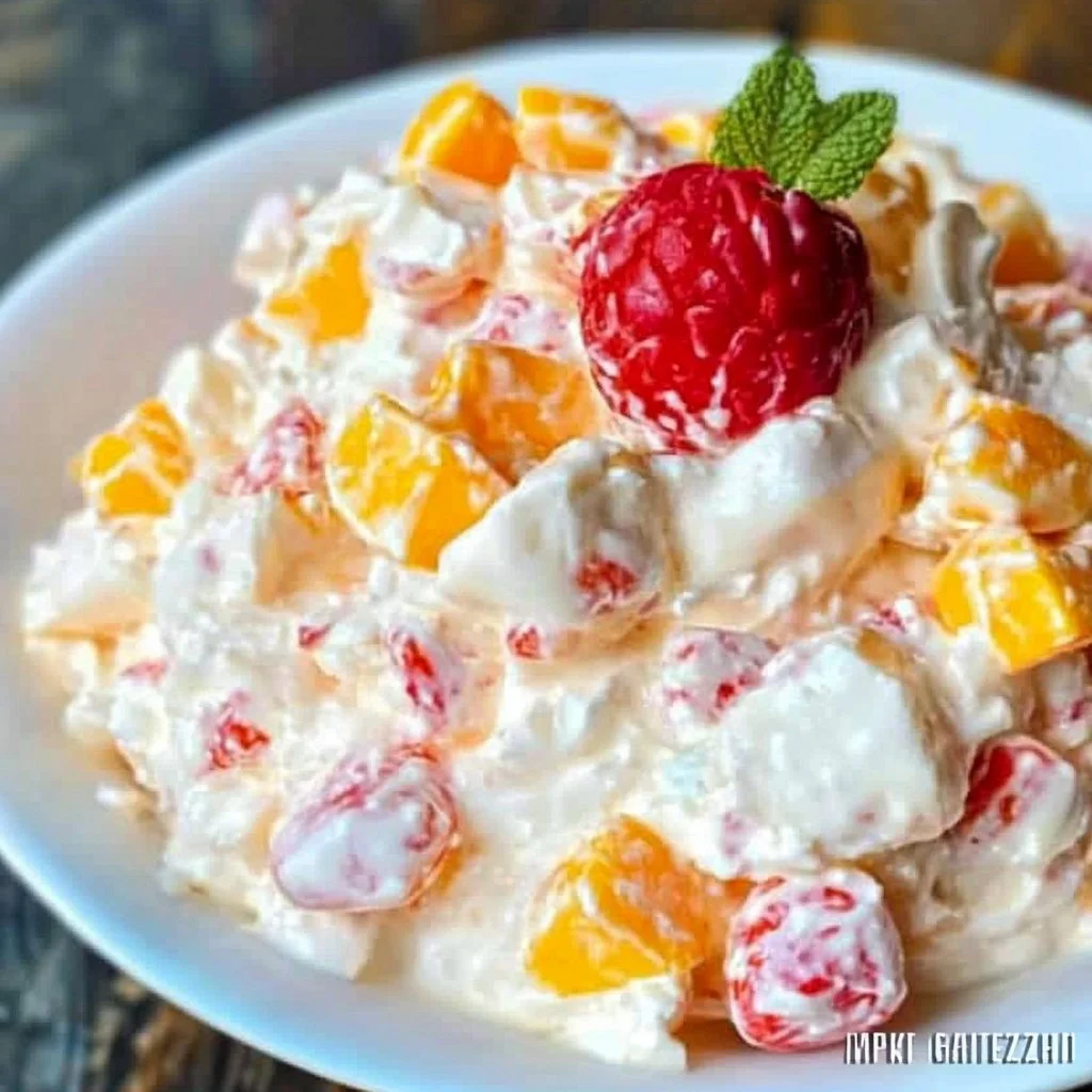 Bowl of colorful Easter Ambrosia Salad with fruits and marshmallows