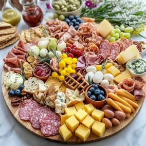 Stunning Easter charcuterie board with colorful spring ingredients