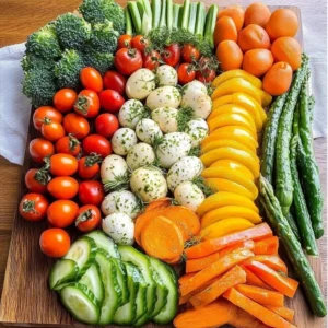 Colorful Easter Veggie Board with fresh vegetables and tasty dips