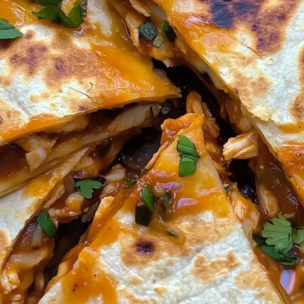 Delicious BBQ chicken quesadillas ready to serve with toppings