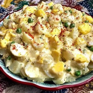 Delicious easy potato salad with eggs in a bowl, ideal for summer picnics.