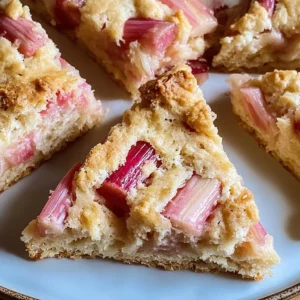 Homemade easy rhubarb scones on a plate with fresh rhubarb stalks