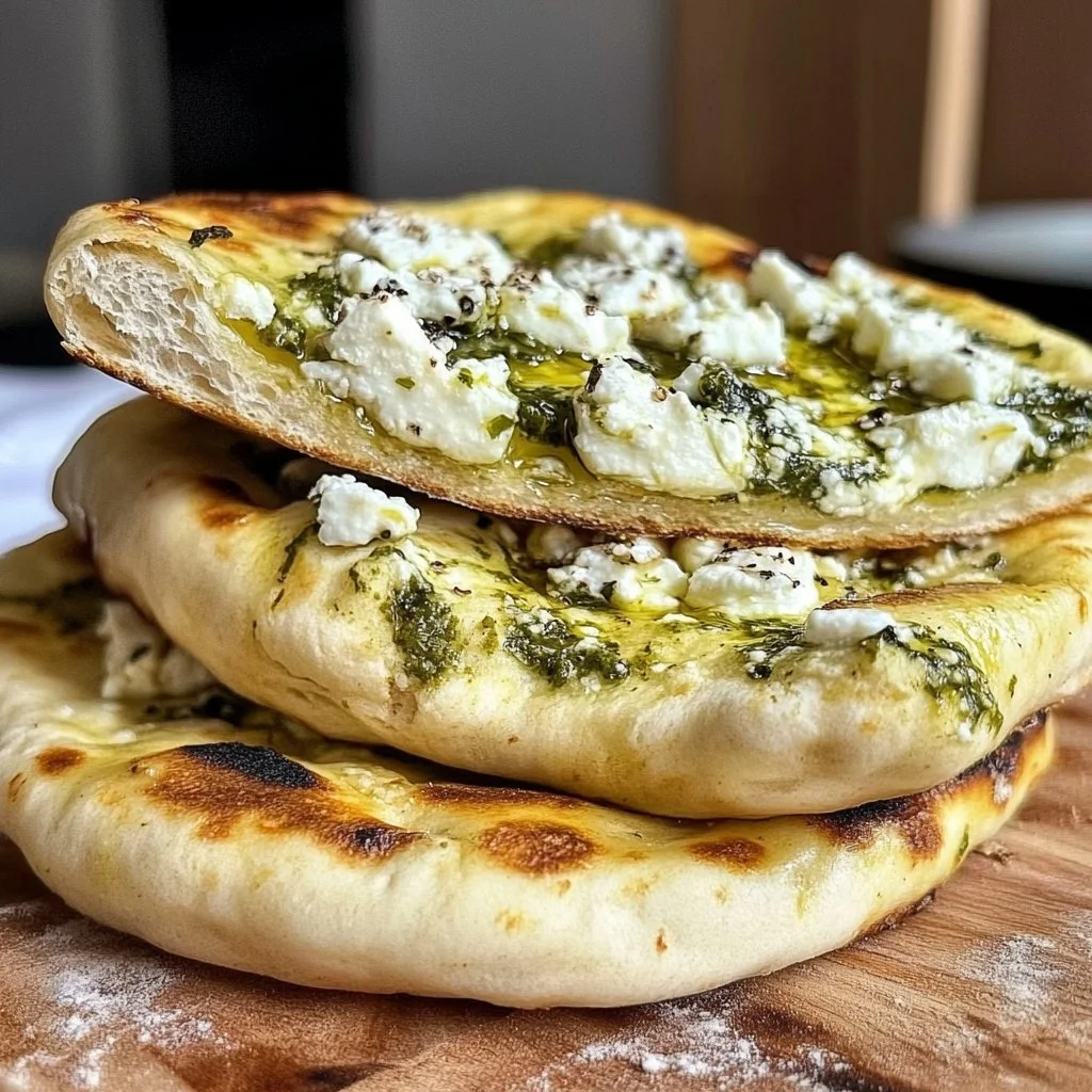 Delicious Feta Spring Flatbreads with fresh vegetables and herbs.