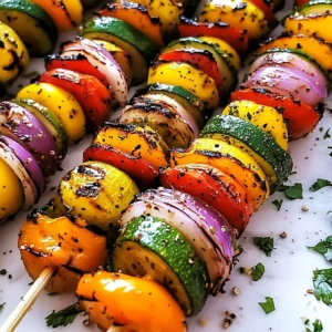 Colorful grilled veggie skewers with bell peppers, zucchini, and mushrooms