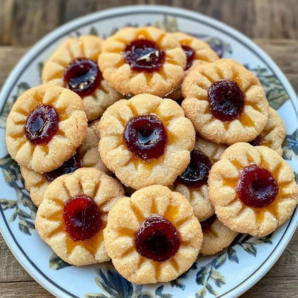 Flower Jam Thumbprint Cookies arranged on a plate, showcasing vibrant colors and textures.