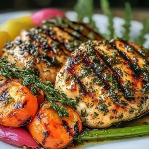 Fresh lemon herb grilled chicken breasts with spring vegetables on a plate