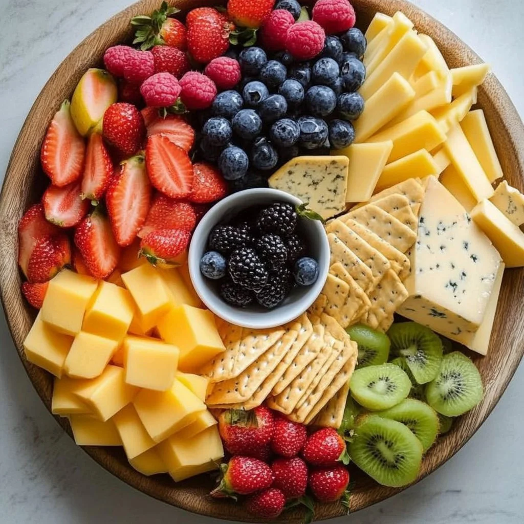 Beautifully arranged Fruit and Cheese Platter with assorted fruits and cheeses