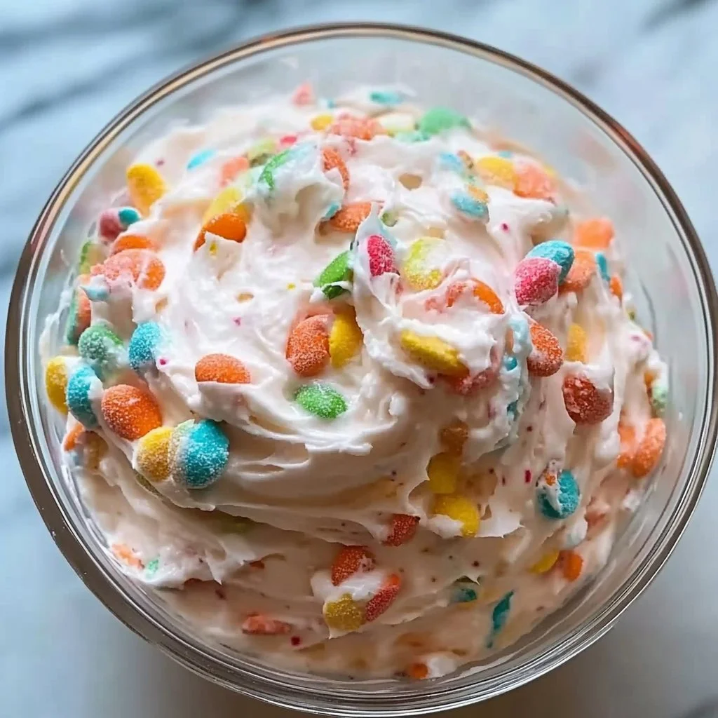 Fruity Pebbles Frosting on cupcakes with colorful sprinkles