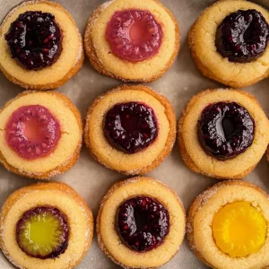 Fruity thumbprint cookies filled with colorful jam on a baking tray.