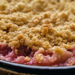 Gordon Ramsay's delicious rhubarb crumble served in a dish with fresh rhubarb
