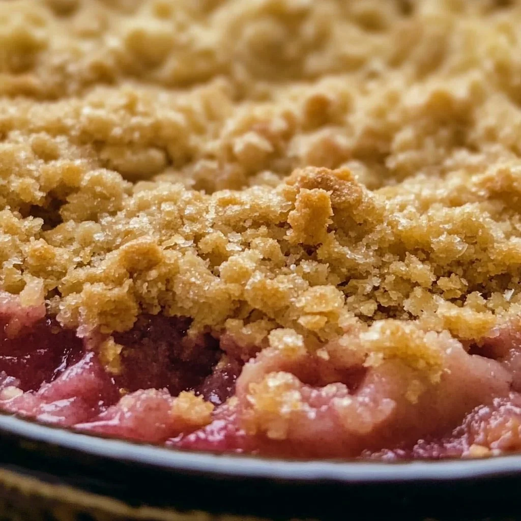 Gordon Ramsay's delicious rhubarb crumble served in a dish with fresh rhubarb