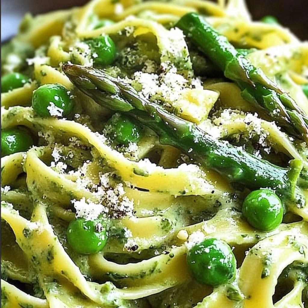 Green Goddess Fettuccine with creamy spinach sauce, asparagus, and peas