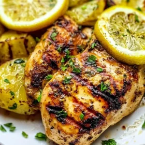 Grilled lemon chicken served with fresh herbs and lemon slices