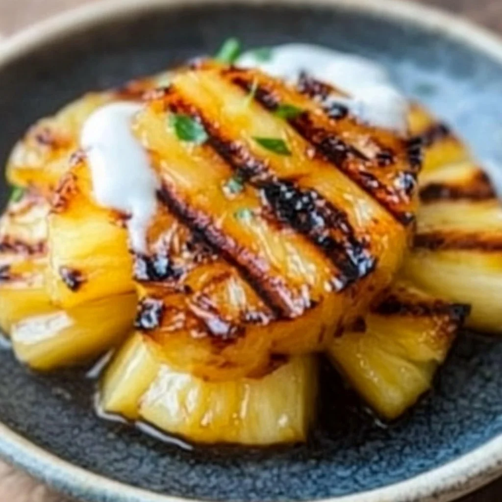 Grilled pineapple topped with rum and brown sugar on a grill