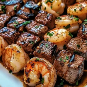 Grilled steak and shrimp skewers topped with garlic butter