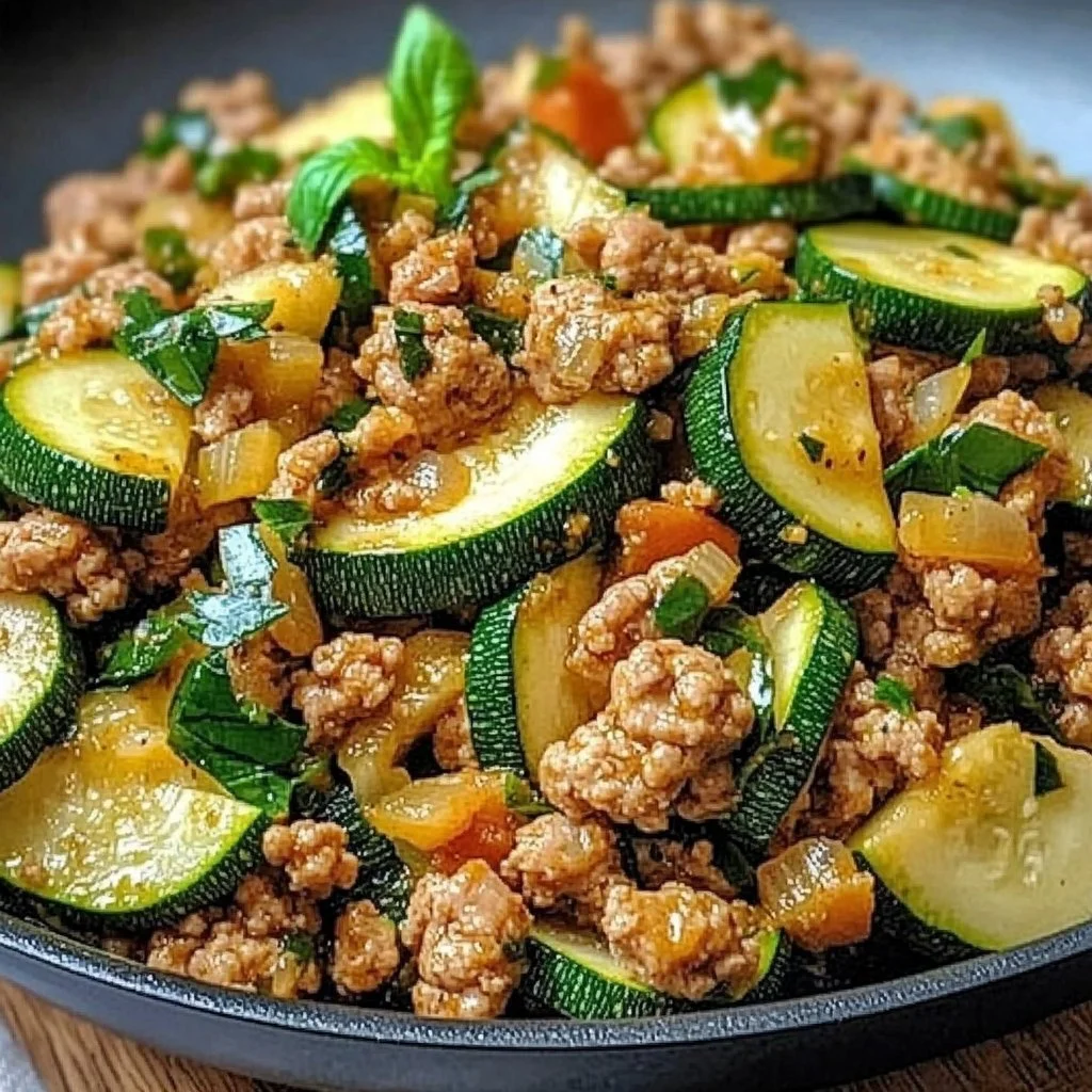 Ground Turkey and Zucchini Skillet served in a frying pan