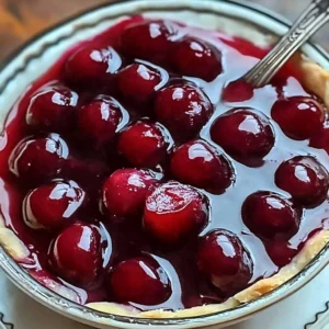 Bowl of homemade cherry pie filling with fresh cherries and a spoon