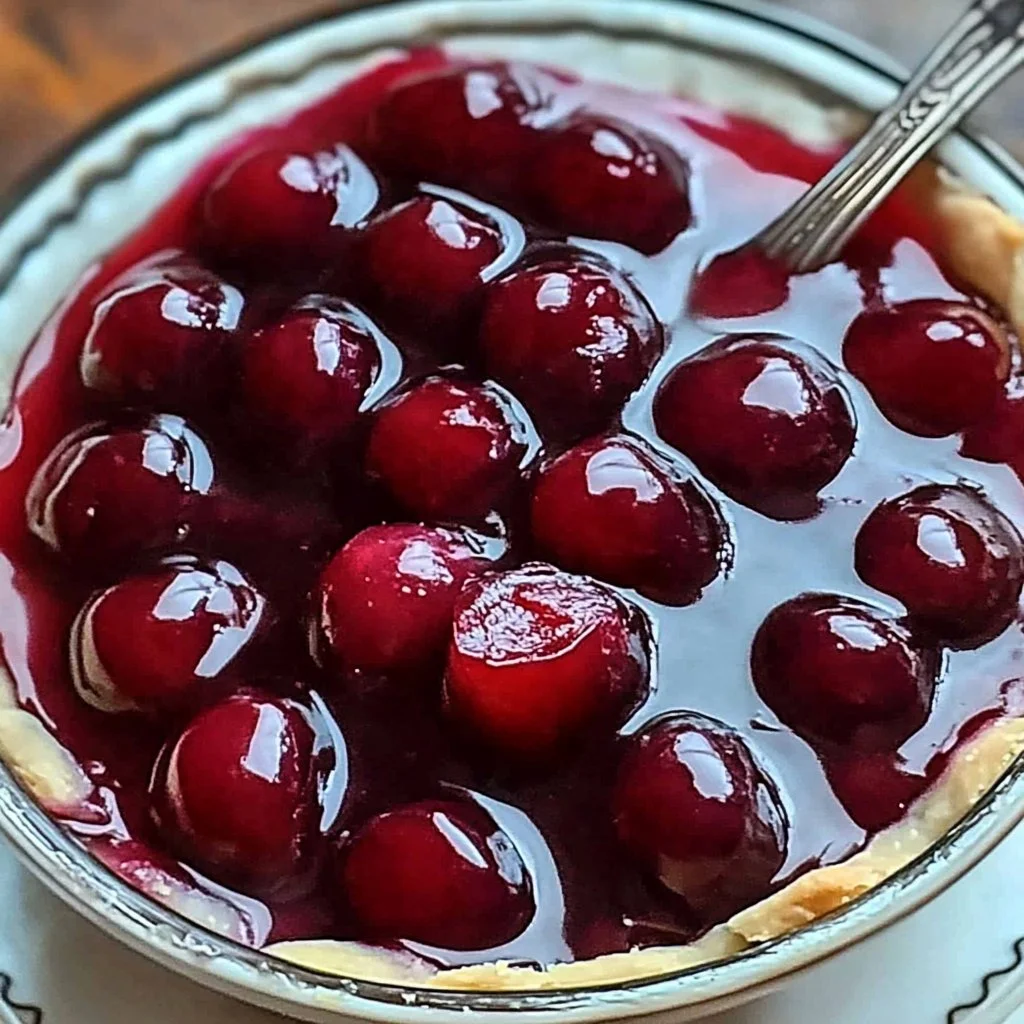 Bowl of homemade cherry pie filling with fresh cherries and a spoon