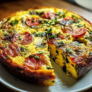 Homemade frittata with vegetables and cheese served on a plate